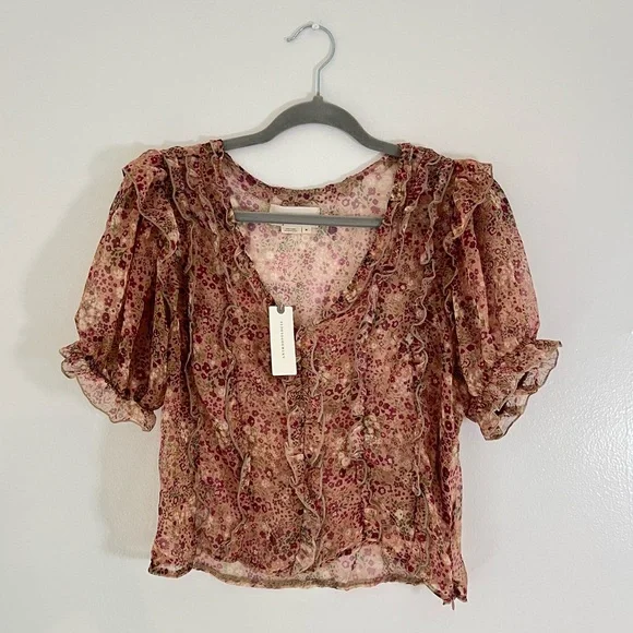 NWT New Anthropologie Floral Puff Sleeve Ruffle Boho Cottagecore Blouse Top M - Picture 2 of 8